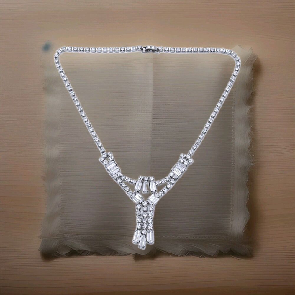 Vtg Silver Tone Rhinestone Y Necklace Baguette Fringe Drops Box Clasp Unsigned